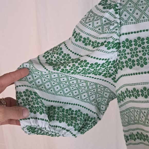 Ann Taylor midi wrap puff sleeve peasant dress green floral stripe embroidery 4P - Picture 4 of 17